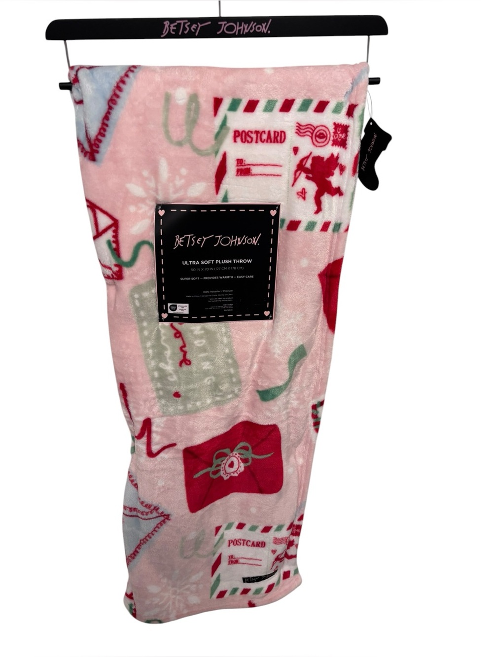 Betsy Johnson Pink Christmas Postcard Ultra Soft Plush Throw 50”x70”
